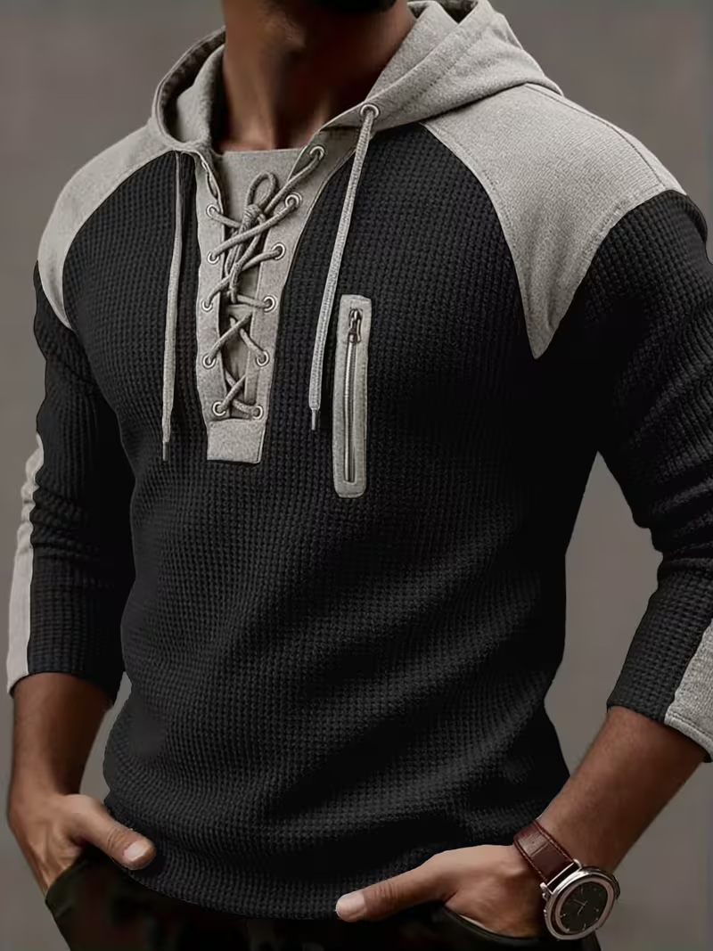 🎁LAST DAY 70% OFF🎁-Men’s Waffle Knit Lace Up Hoodie with Contrast Shoulder Panels