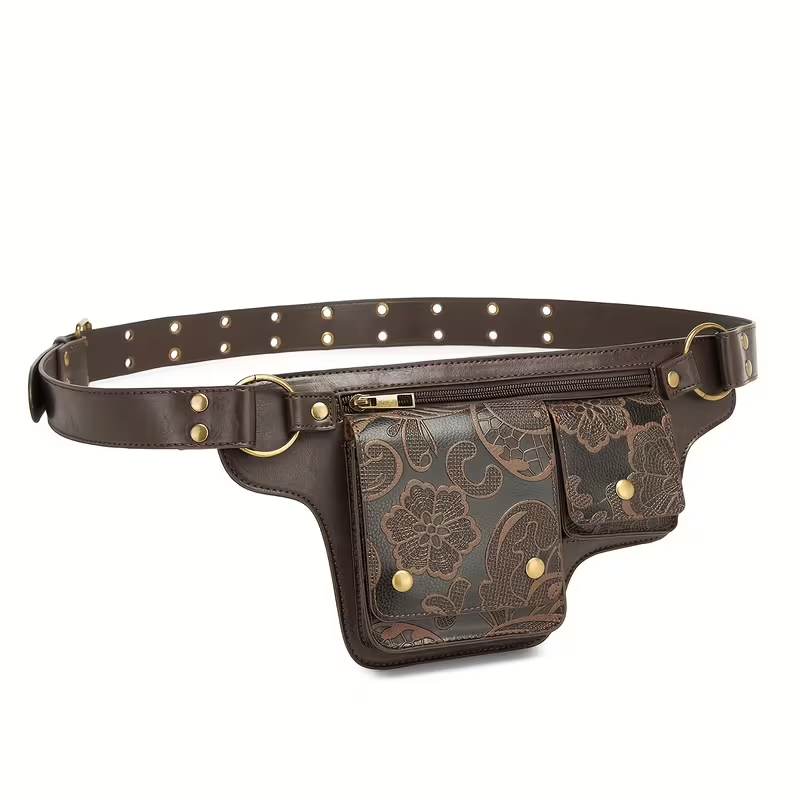 Women'S Adjustable Waist Bag - Convertible Crossbody Purse with Floral pattern, Zipper Closure & Snap Button, Synthetic Faux Leather Belt Bag for Everyday, Formal, Travel - Coffee Brown/Black, Crossbody Purse, Everyday Accessory, Vintage Style, Polyester 