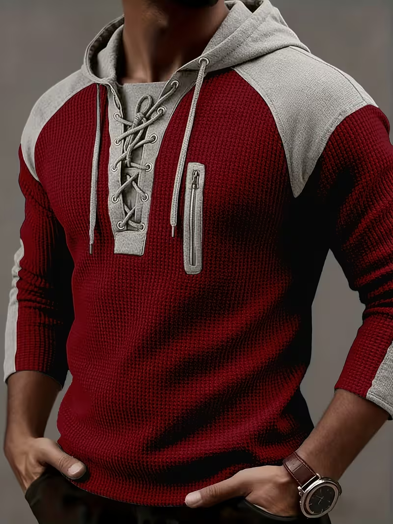 🎁LAST DAY 70% OFF🎁-Men’s Waffle Knit Lace Up Hoodie with Contrast Shoulder Panels