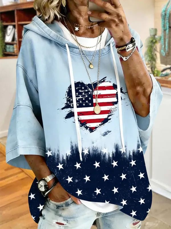 Women's 250Th Anniversary Patriotic Light Blue Heart Flag Oversized Hoodie