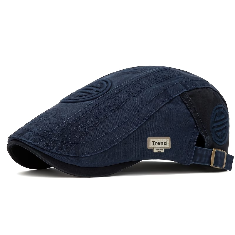 Navy Blue flat cap showing embroidered crown, panel seams and adjustable back