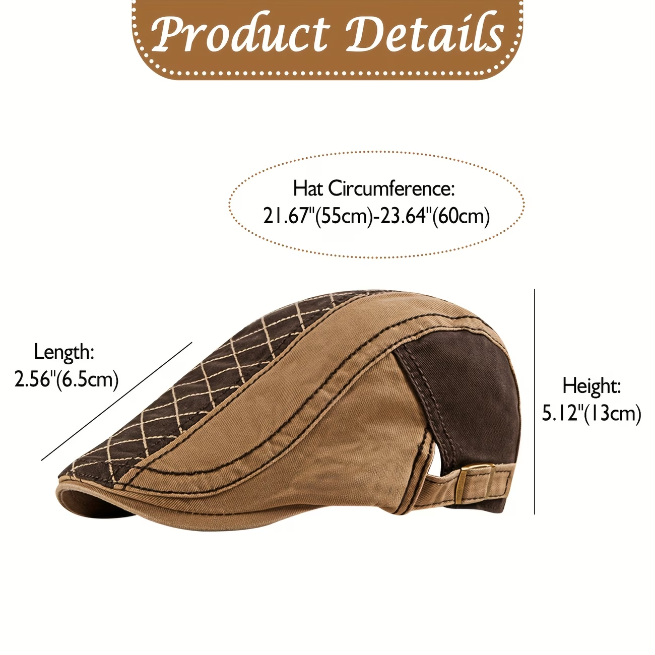 Men's vintage patchwork flat cap size chart showing 55 to 60 cm circumference