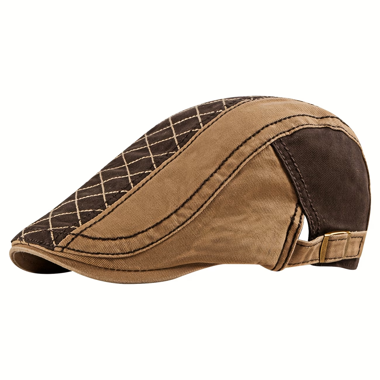 Khaki men's vintage patchwork adjustable flat cap
