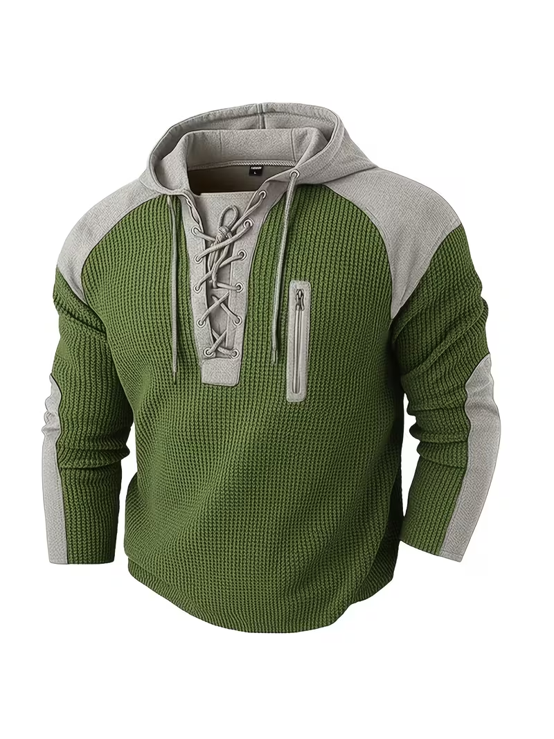 🎁LAST DAY 70% OFF🎁-Men’s Waffle Knit Lace Up Hoodie with Contrast Shoulder Panels
