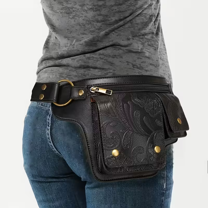 Women'S Adjustable Waist Bag - Convertible Crossbody Purse with Floral pattern, Zipper Closure & Snap Button, Synthetic Faux Leather Belt Bag for Everyday, Formal, Travel - Coffee Brown/Black, Crossbody Purse, Everyday Accessory, Vintage Style, Polyester 