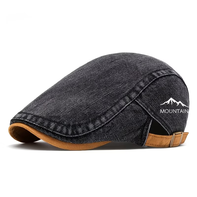 Black vintage men's denim-look flat cap with mountain embroidery