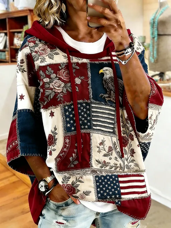 Women's Patriotic Patchwork Eagle Rose American Flag Hooded