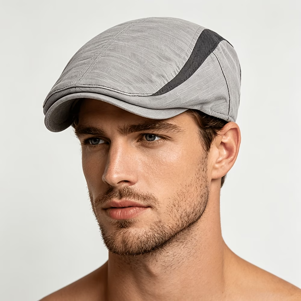 Men wearing a light gray contrast-stripe flat cap
