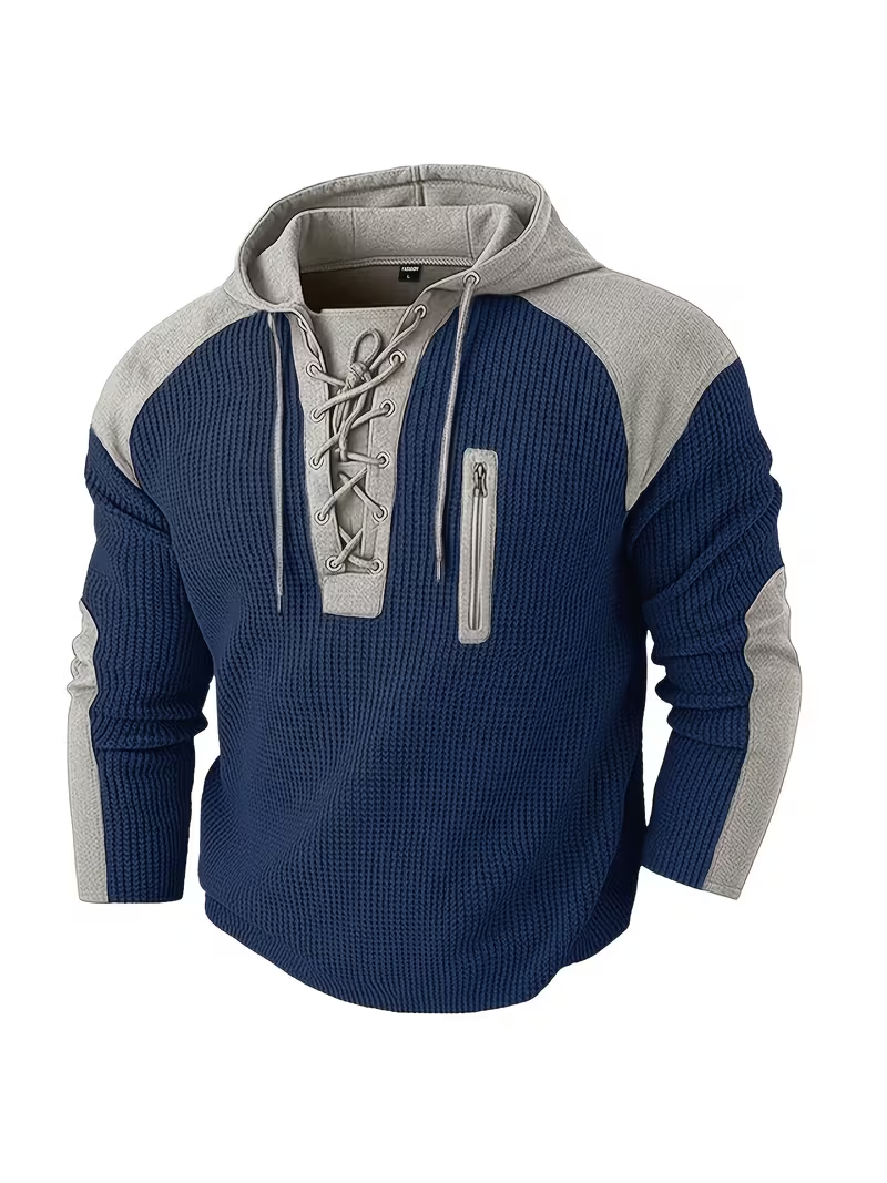 🎁LAST DAY 70% OFF🎁-Men’s Waffle Knit Lace Up Hoodie with Contrast Shoulder Panels