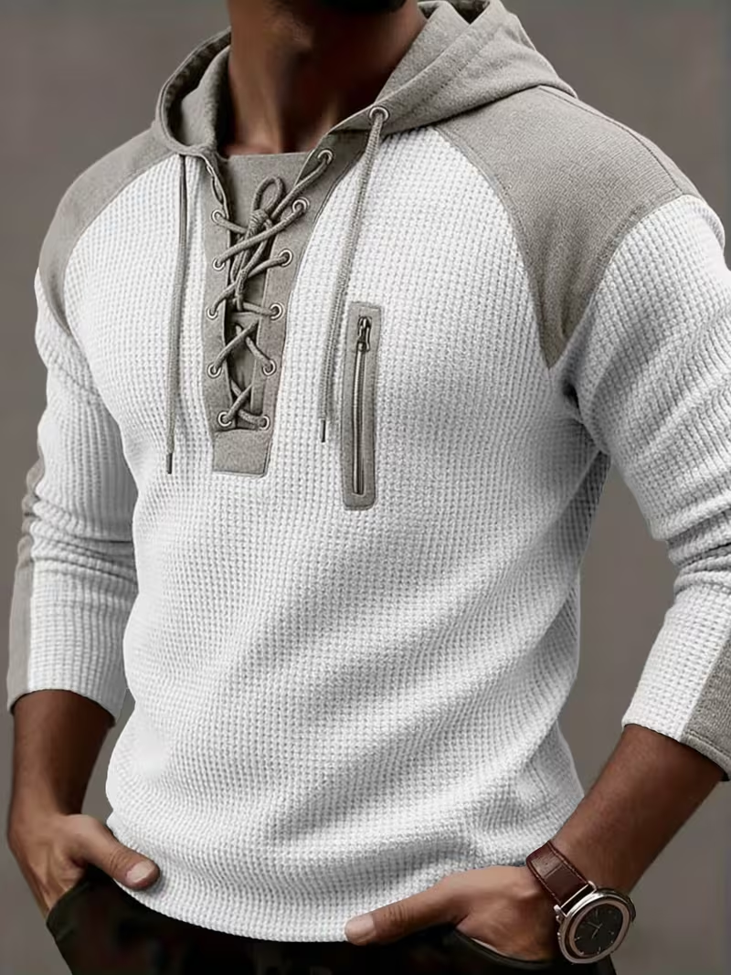 🎁LAST DAY 70% OFF🎁-Men’s Waffle Knit Lace Up Hoodie with Contrast Shoulder Panels