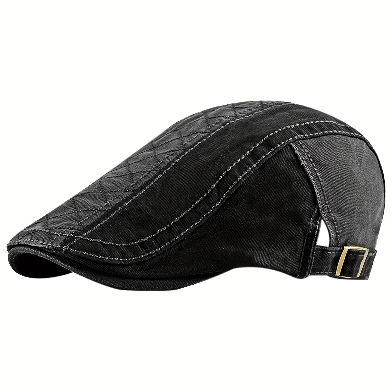 Black men's patchwork retro flat cap with contrast stitching