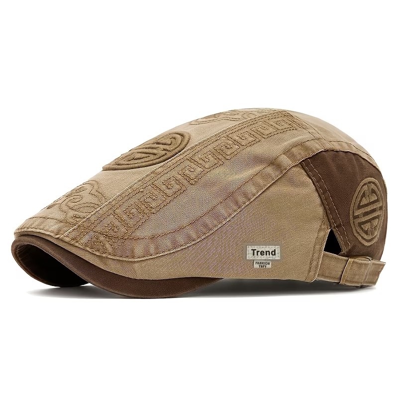 Khaki men's vintage flat cap showing raised embroidery and contrast panel details