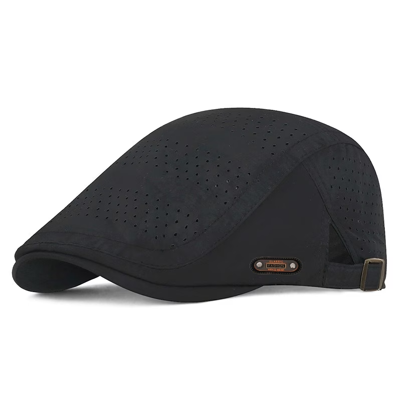 Black men's perforated flat cap with adjustable strap