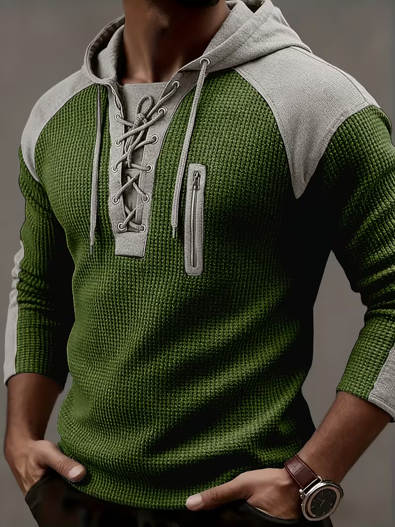 🎁LAST DAY 70% OFF🎁-Men’s Waffle Knit Lace Up Hoodie with Contrast Shoulder Panels