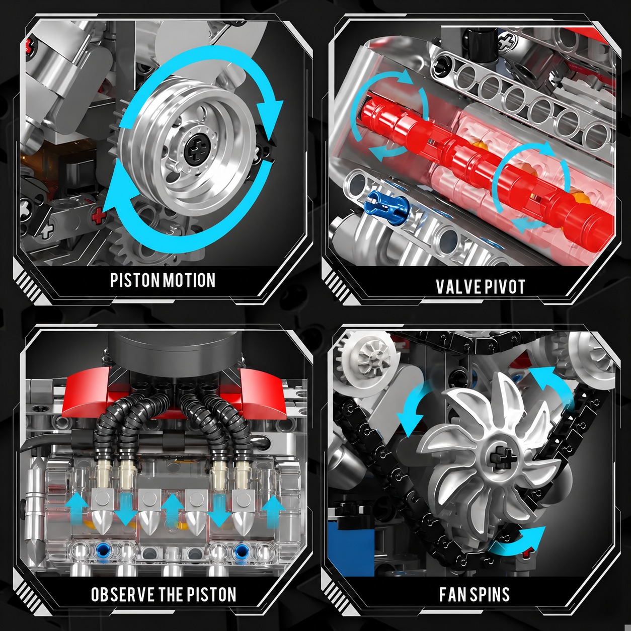 Close-up diagram of moving V8 model components