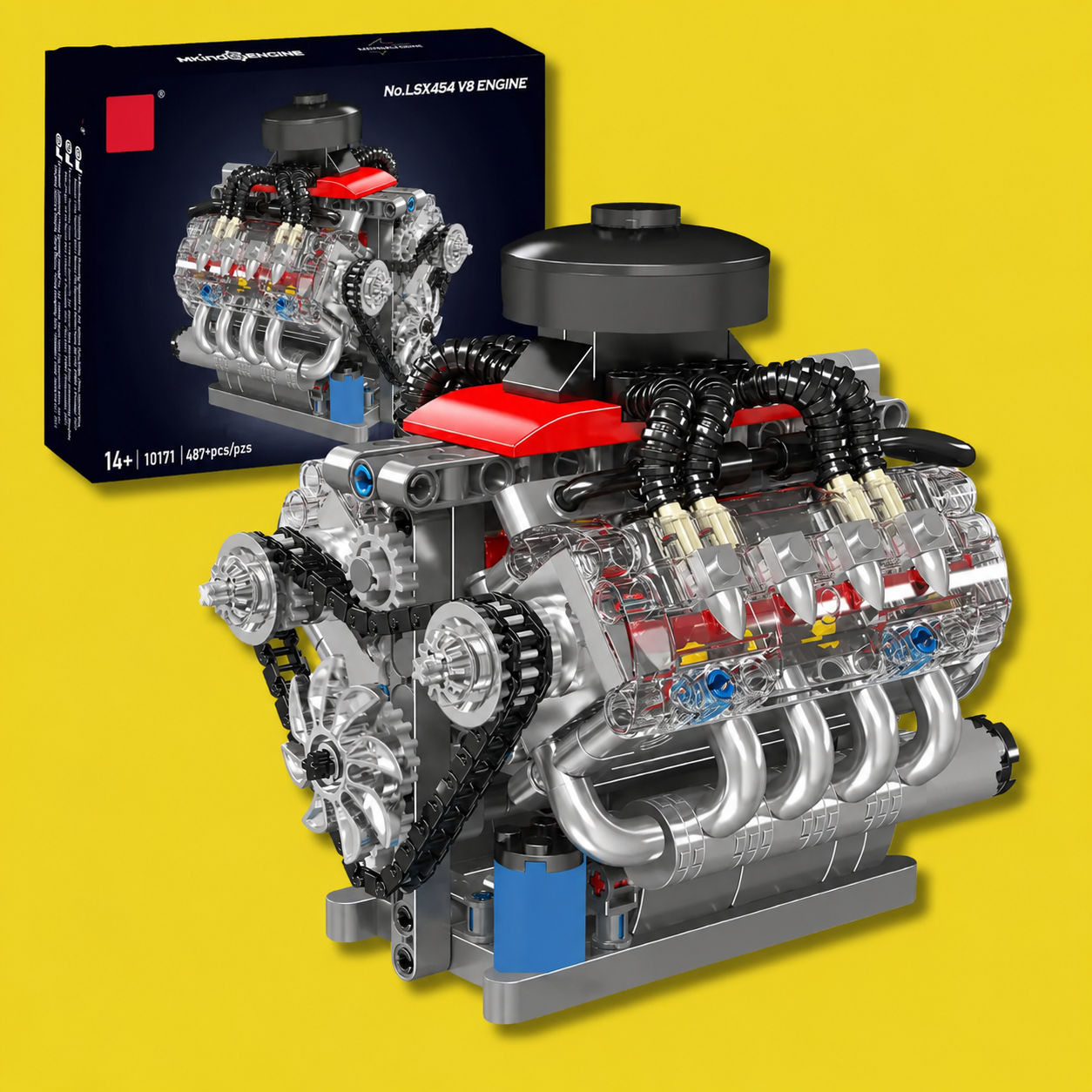 Finished V8 engine building model and product box