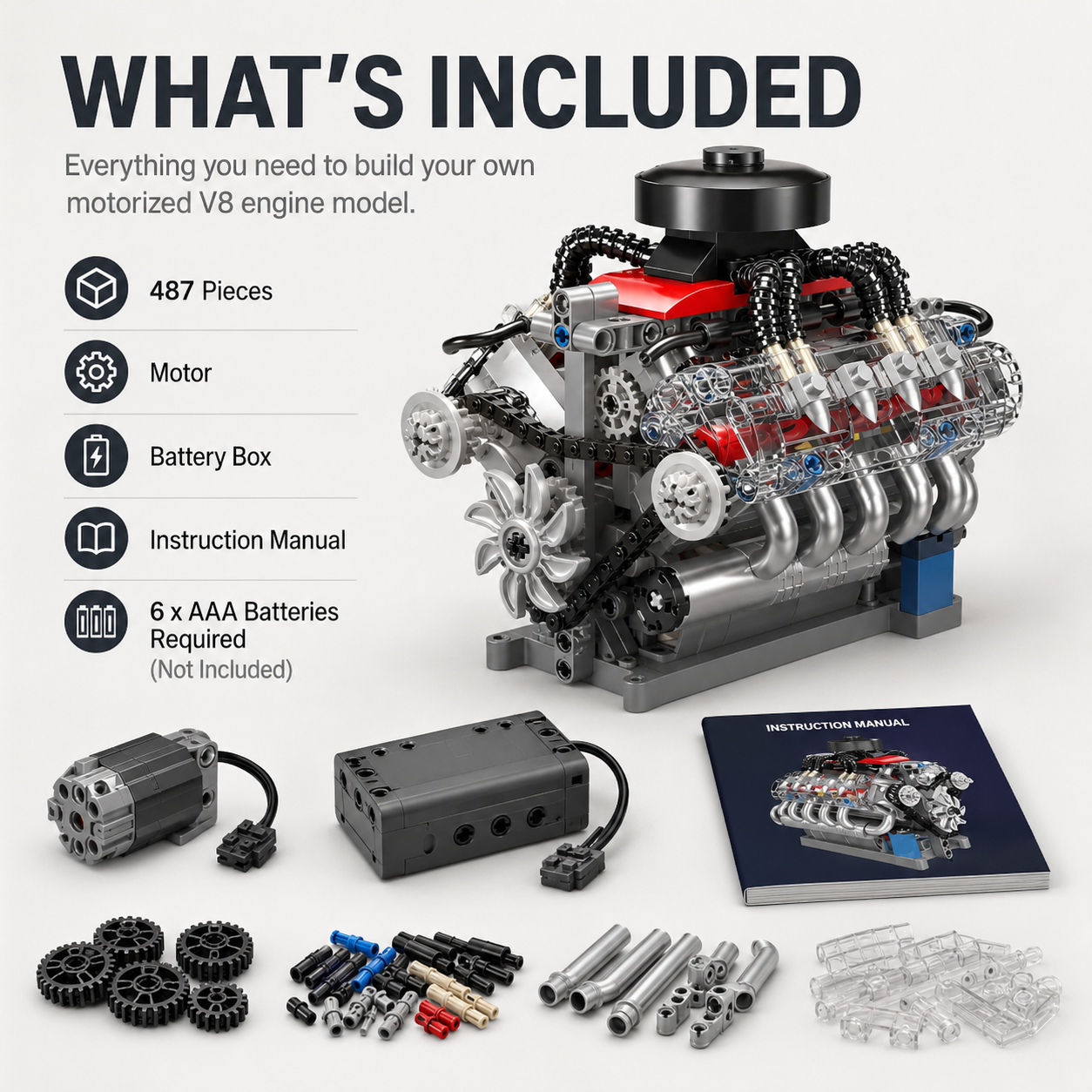 Contents of the motorized V8 engine building kit