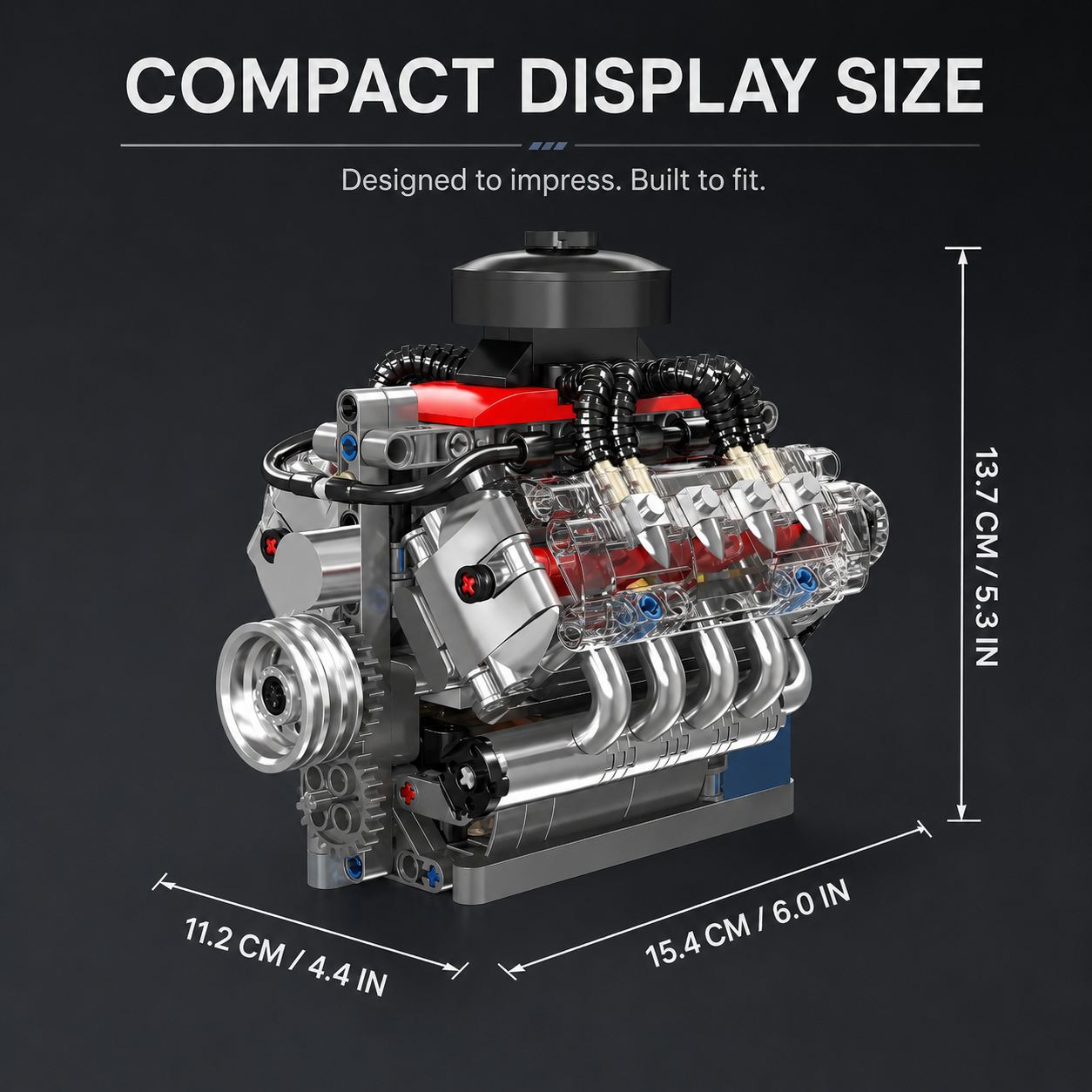 Finished motorized V8 building model with compact dimensions