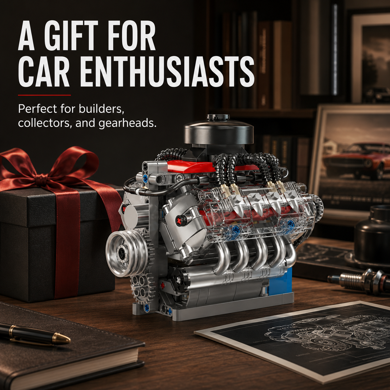 Motorized V8 building model displayed in a car enthusiast's room