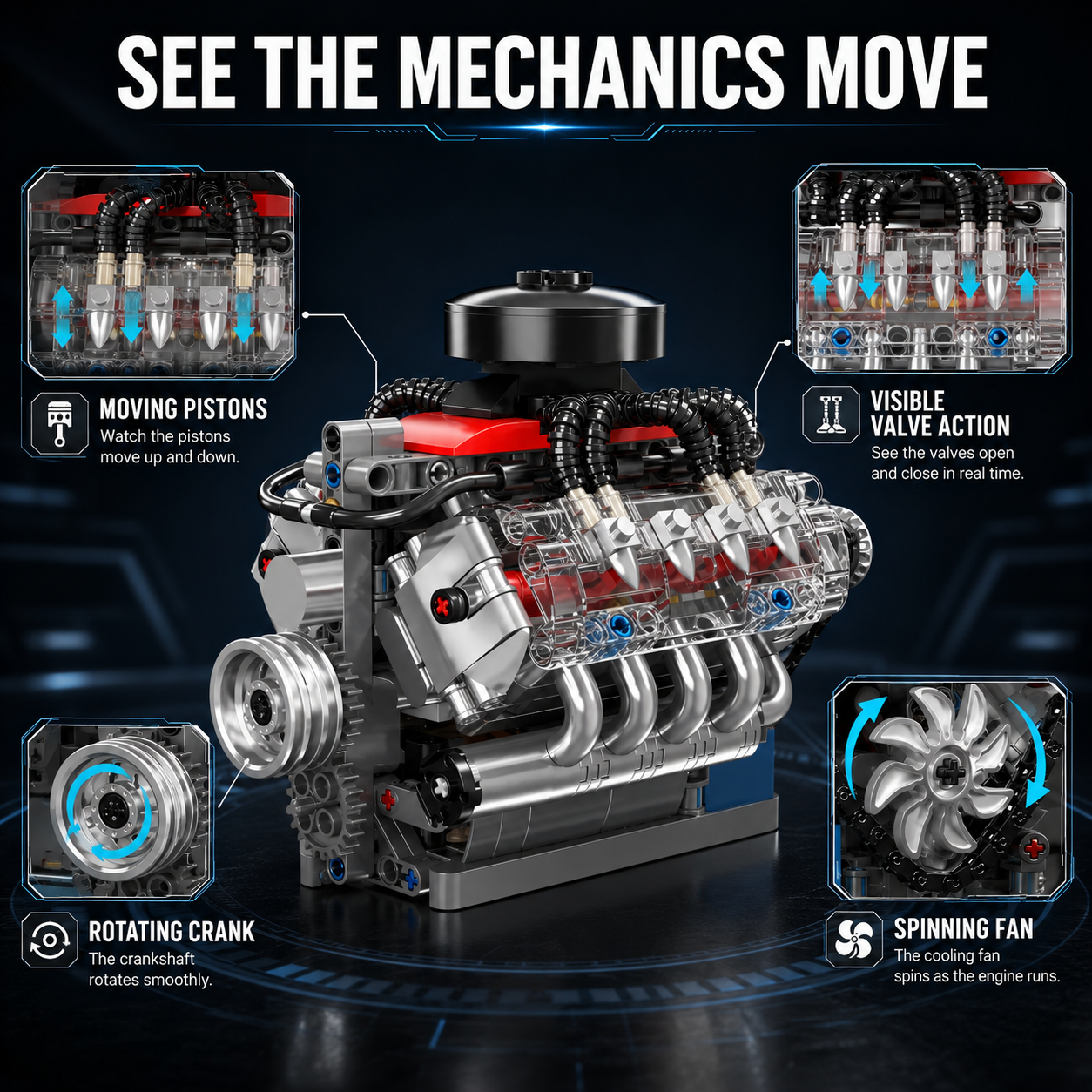 Motorized V8 Engine Building Kit – 487-Piece Moving Piston Model