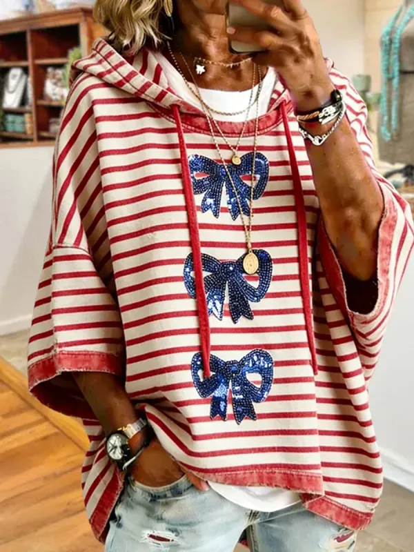 Patriotic Blue Sequin Bow Stripe Oversized Hoodie