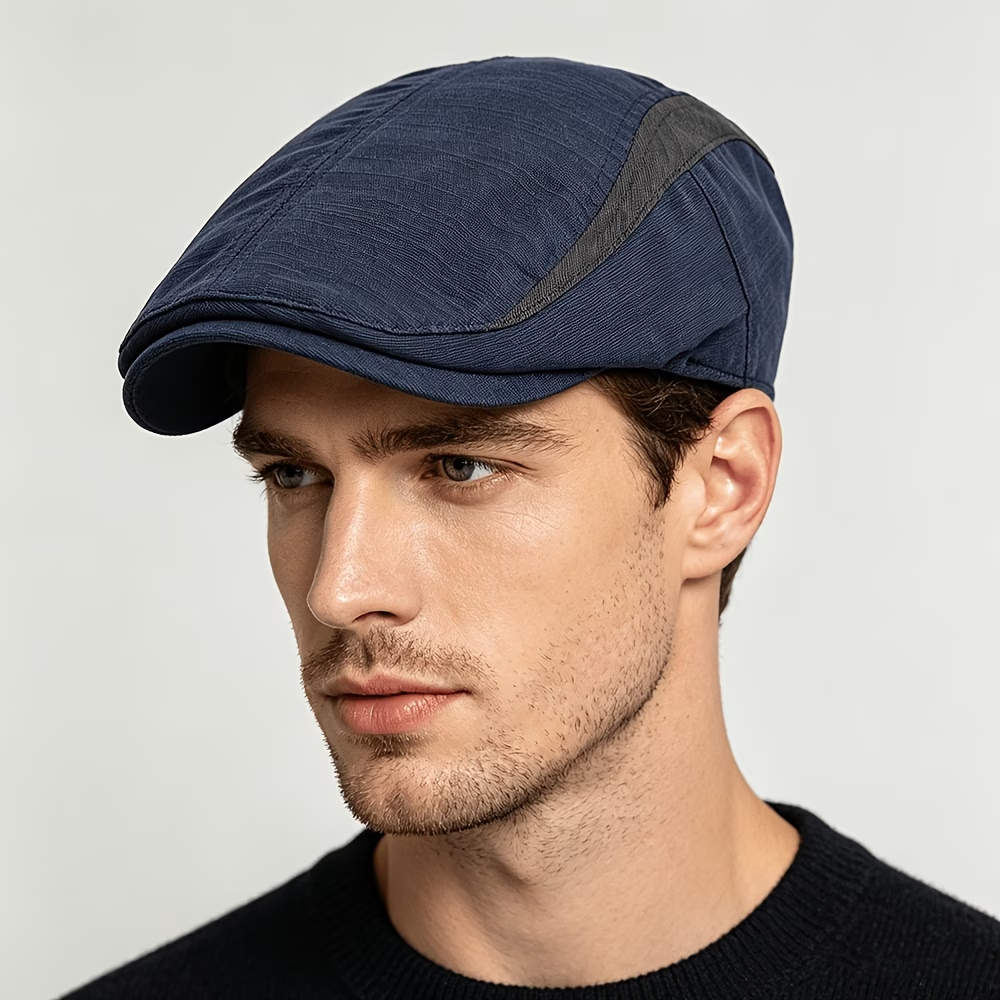 Men wearing a navy contrast-stripe flat cap