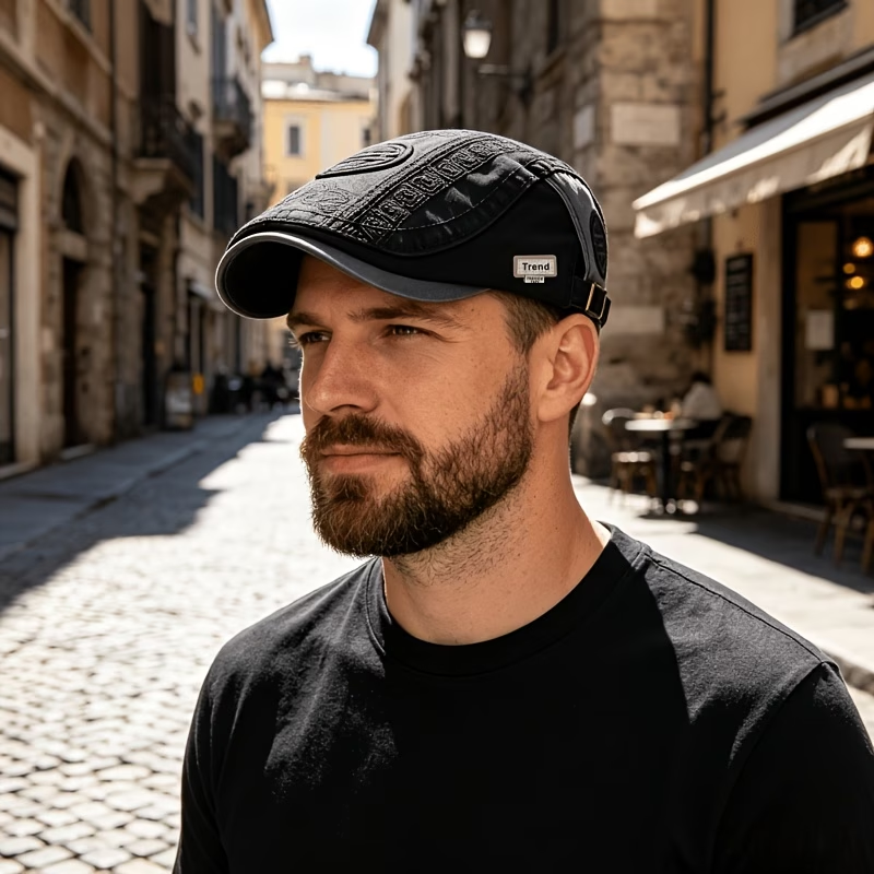 Man wearing a black vintage flat cap with raised embroidery