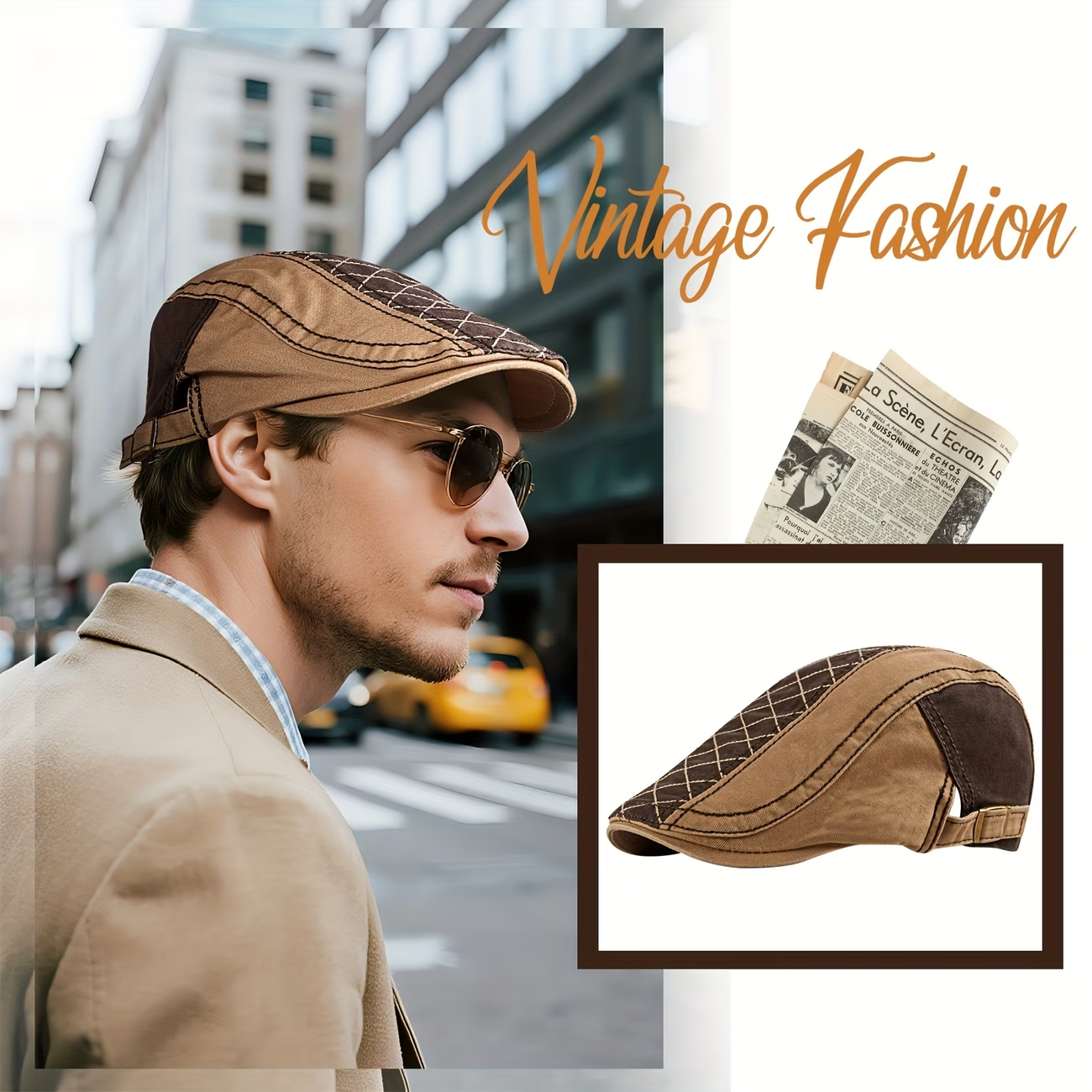 Man wearing khaki vintage patchwork flat cap in a casual city outfit