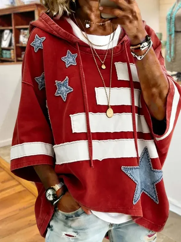 Vintage Red White Stripe Star Applied Patriot Oversized Hoodi