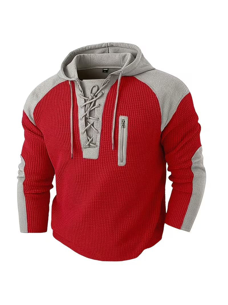 🎁LAST DAY 70% OFF🎁-Men’s Waffle Knit Lace Up Hoodie with Contrast Shoulder Panels