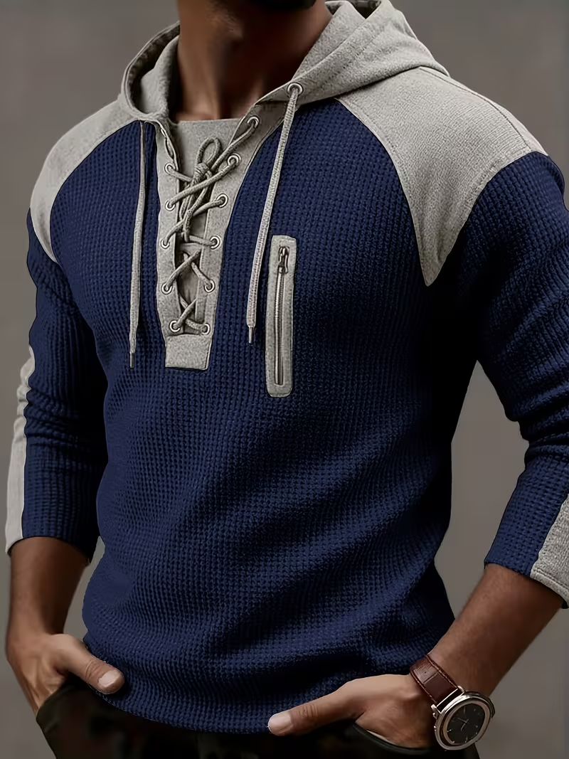 🎁LAST DAY 70% OFF🎁-Men’s Waffle Knit Lace Up Hoodie with Contrast Shoulder Panels