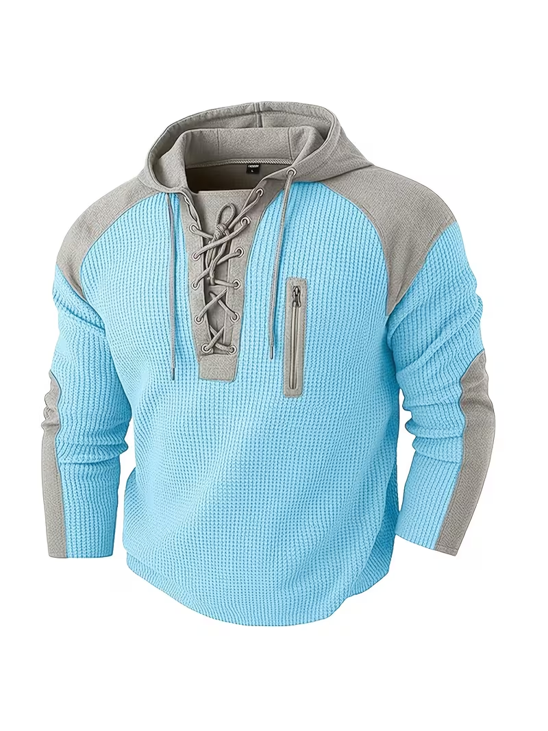 🎁LAST DAY 70% OFF🎁-Men’s Waffle Knit Lace Up Hoodie with Contrast Shoulder Panels