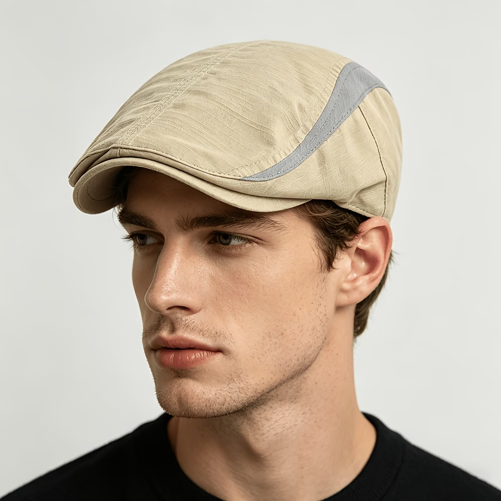 Men styling a beige contrast stripe flat cap