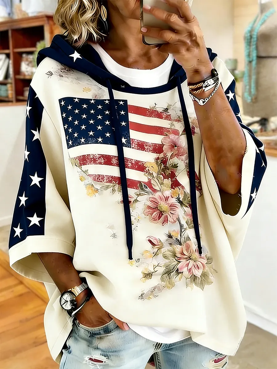 Women's Vintage Beige USA Flag Flower Print Oversized Hoodie