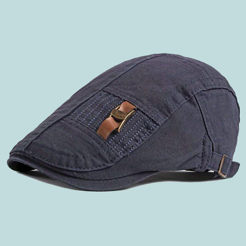 Navy blue men's vintage adjustable flat cap with buckle detail