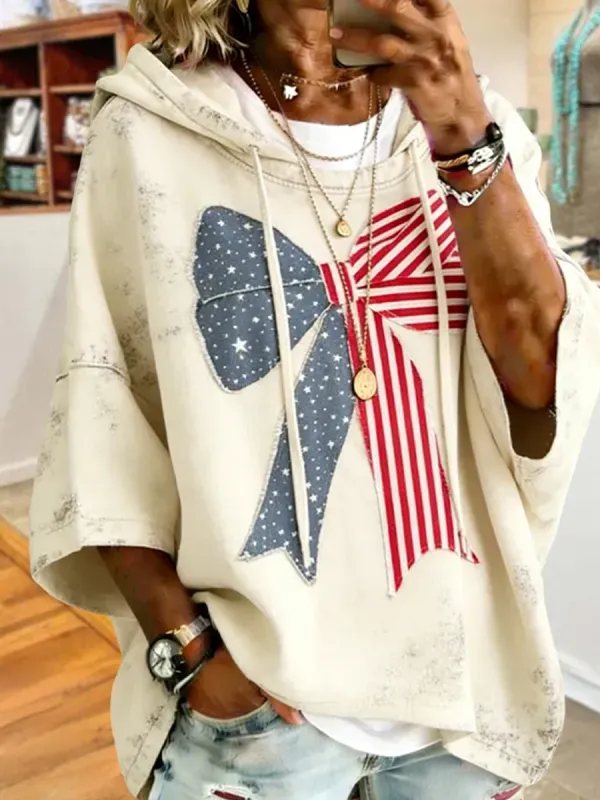 Patriotic USA Flag Bow Oversized Hooded Sweatshirt
