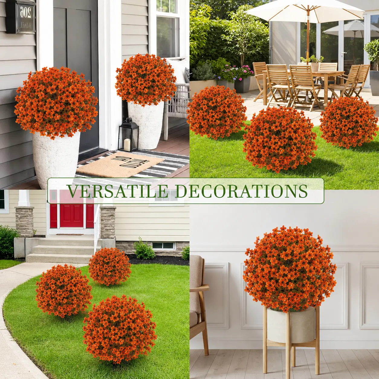 Artificial Flower Topiary Ball Tree with Ground Spike, 1/2 Pack Faux Autumn Flower Shrub, UV Resistant Outdoor Orange Flowers for Porch Patio Garden Yard Decor, Halloween Thanksgiving Decorations summerwins