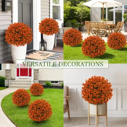 Artificial Flower Topiary Ball Tree with Ground Spike, 1/2 Pack Faux Autumn Flower Shrub, UV Resistant Outdoor Orange Flowers for Porch Patio Garden Yard Decor, Halloween Thanksgiving Decorations summerwins