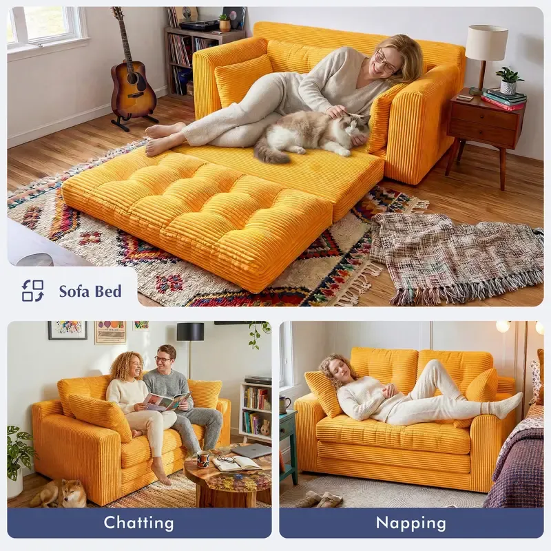 2-3 Seater Folding Convertible Sofa Bed, Boneless Pull-Out Sleeper Sofa with Pillows, Tufting Corduroy Upholsted Foldable Floor Couch Comfy Lounge with High Resilience & High Density Foam for Small Space Living Room Bedroom, Black, Gray, White