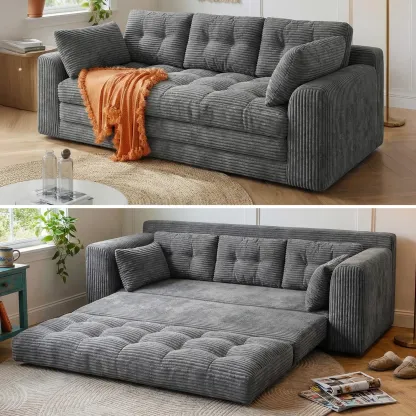 2-3 Seater Folding Convertible Sofa Bed, Boneless Pull-Out Sleeper Sofa with Pillows, Tufting Corduroy Upholsted Foldable Floor Couch Comfy Lounge with High Resilience & High Density Foam for Small Space Living Room Bedroom, Black, Gray, White