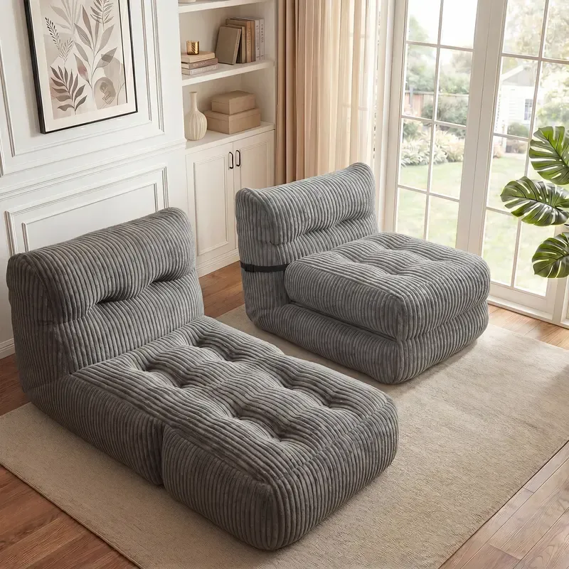 2-3 Seater Folding Convertible Sofa Bed, Boneless Pull-Out Sleeper Sofa with Pillows, Tufting Corduroy Upholsted Foldable Floor Couch Comfy Lounge with High Resilience & High Density Foam for Small Space Living Room Bedroom, Black, Gray, White