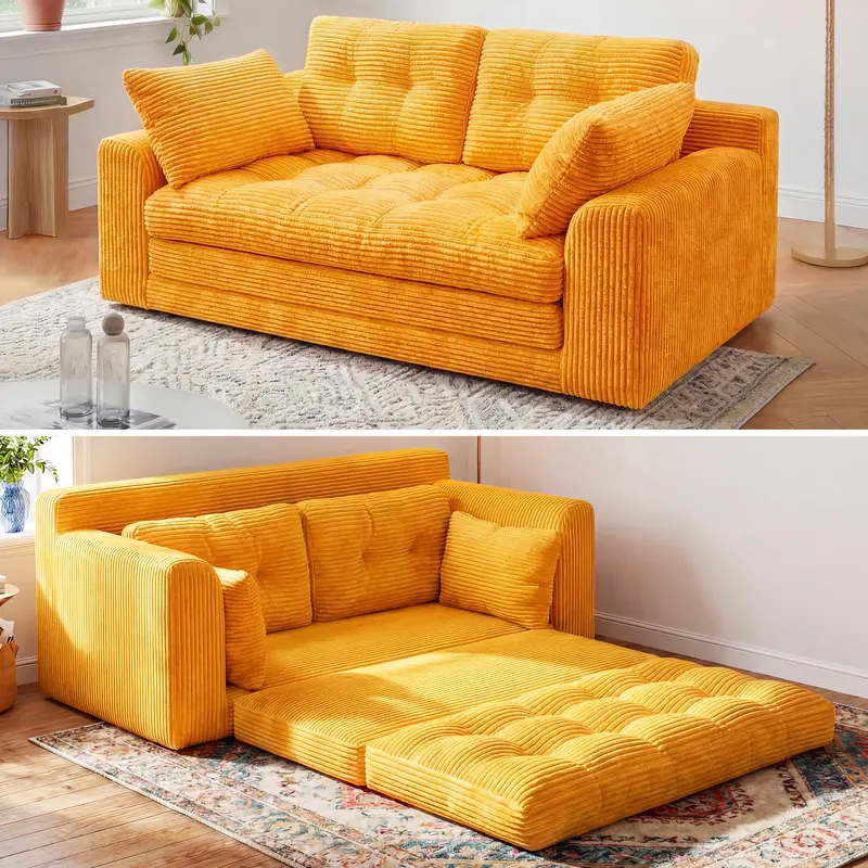 2-3 Seater Folding Convertible Sofa Bed, Boneless Pull-Out Sleeper Sofa with Pillows, Tufting Corduroy Upholsted Foldable Floor Couch Comfy Lounge with High Resilience & High Density Foam for Small Space Living Room Bedroom, Black, Gray, White