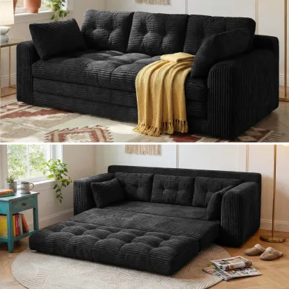 2-3 Seater Folding Convertible Sofa Bed, Boneless Pull-Out Sleeper Sofa with Pillows, Tufting Corduroy Upholsted Foldable Floor Couch Comfy Lounge with High Resilience & High Density Foam for Small Space Living Room Bedroom, Black, Gray, White