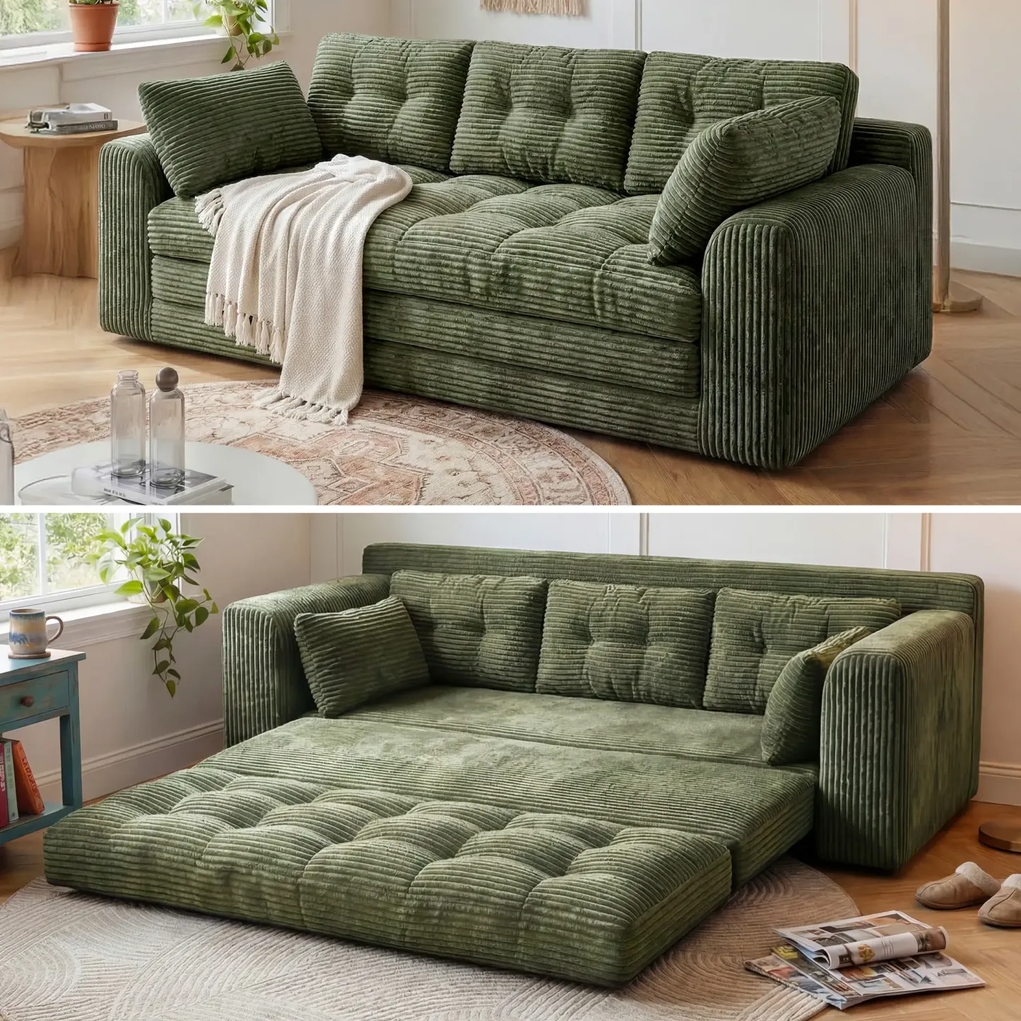 2-3 Seater Folding Convertible Sofa Bed, Boneless Pull-Out Sleeper Sofa with Pillows, Tufting Corduroy Upholsted Foldable Floor Couch Comfy Lounge with High Resilience & High Density Foam for Small Space Living Room Bedroom, Black, Gray, White