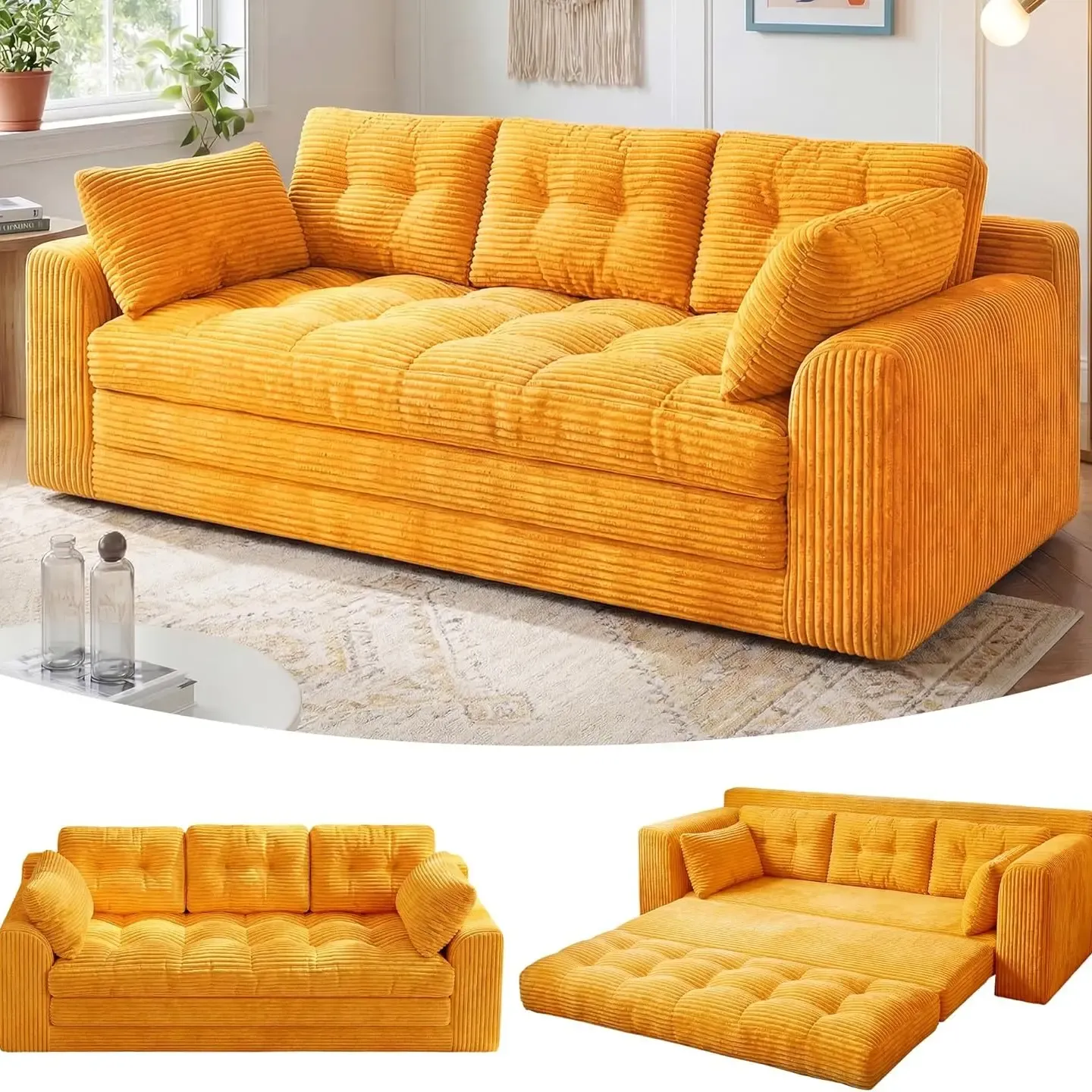 2-3 Seater Folding Convertible Sofa Bed, Boneless Pull-Out Sleeper Sofa with Pillows, Tufting Corduroy Upholsted Foldable Floor Couch Comfy Lounge with High Resilience & High Density Foam for Small Space Living Room Bedroom, Black, Gray, White