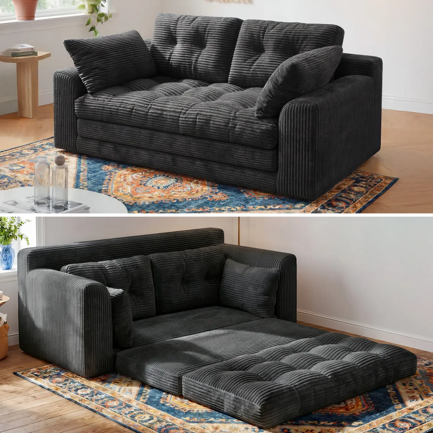 2-3 Seater Folding Convertible Sofa Bed, Boneless Pull-Out Sleeper Sofa with Pillows, Tufting Corduroy Upholsted Foldable Floor Couch Comfy Lounge with High Resilience & High Density Foam for Small Space Living Room Bedroom, Black, Gray, White