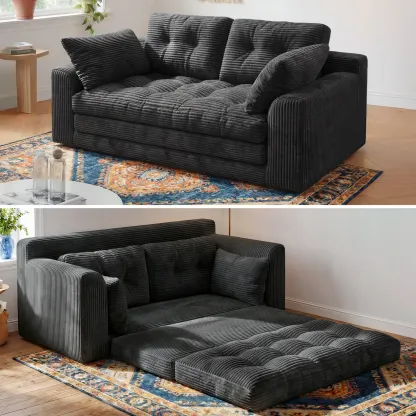 2-3 Seater Folding Convertible Sofa Bed, Boneless Pull-Out Sleeper Sofa with Pillows, Tufting Corduroy Upholsted Foldable Floor Couch Comfy Lounge with High Resilience & High Density Foam for Small Space Living Room Bedroom, Black, Gray, White