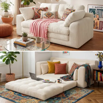 2-3 Seater Folding Convertible Sofa Bed, Boneless Pull-Out Sleeper Sofa with Pillows, Tufting Corduroy Upholsted Foldable Floor Couch Comfy Lounge with High Resilience & High Density Foam for Small Space Living Room Bedroom, Black, Gray, White