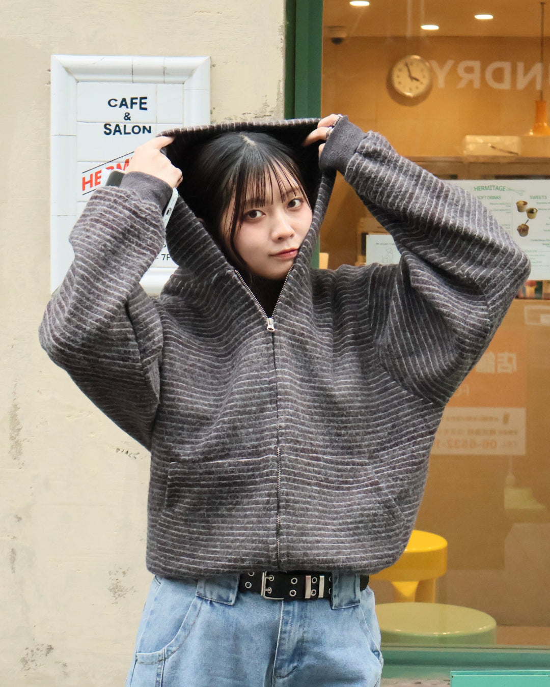 Striped Zip-Up Knit Hoodie K3049