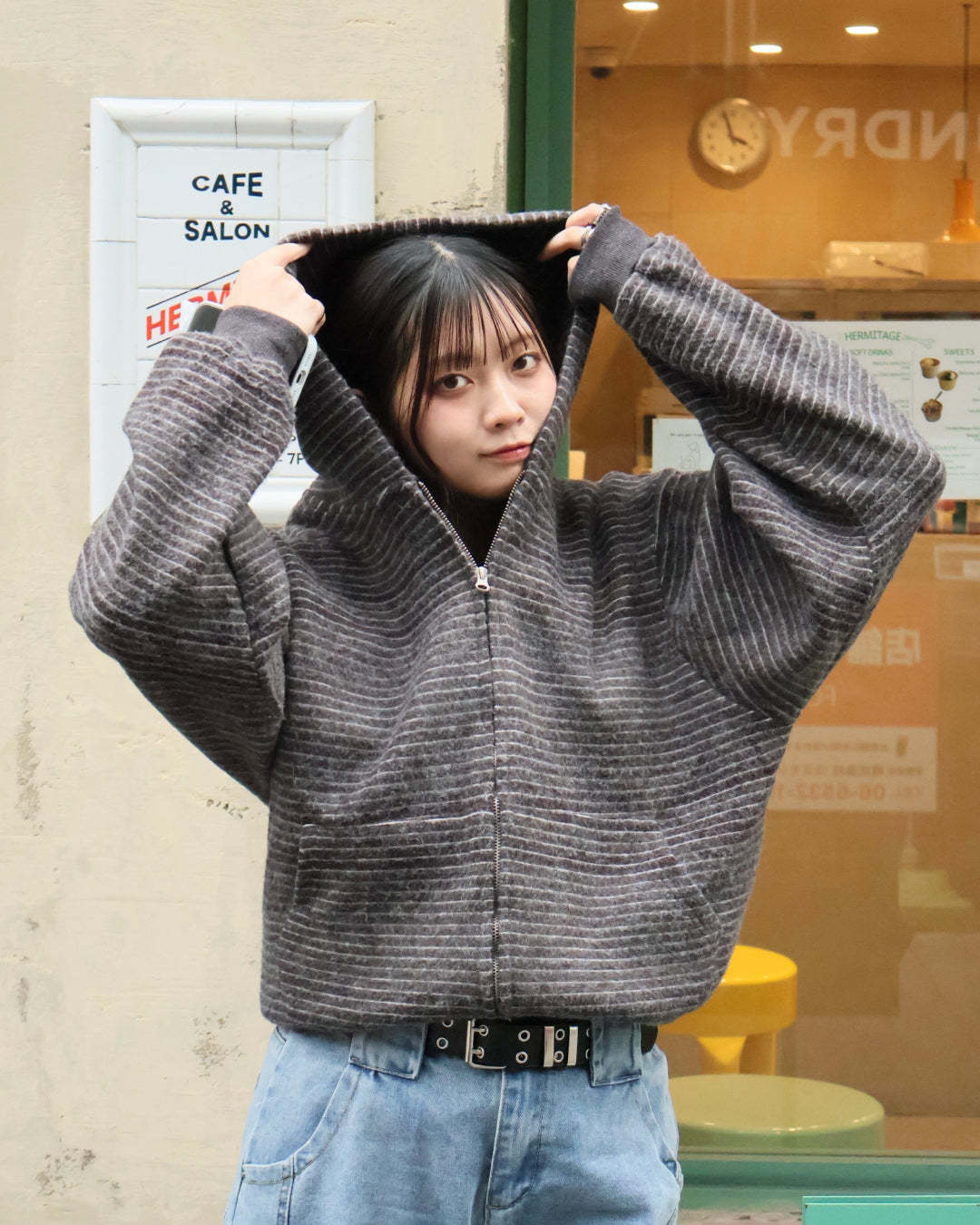 Striped Zip-Up Knit Hoodie K3049